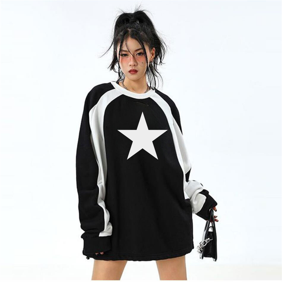 Y2K Streetwear Star Baskılı Siyah Unisex Oversize Bisiklet Yaka Sweatshirt