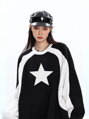 Y2K Streetwear Star Baskılı Siyah Unisex Oversize Bisiklet Yaka Sweatshirt