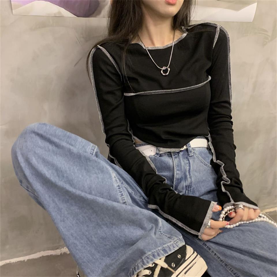 Y2K Streetwear Ters Dikiş Detaylı Uzun Kollu Siyah Crop