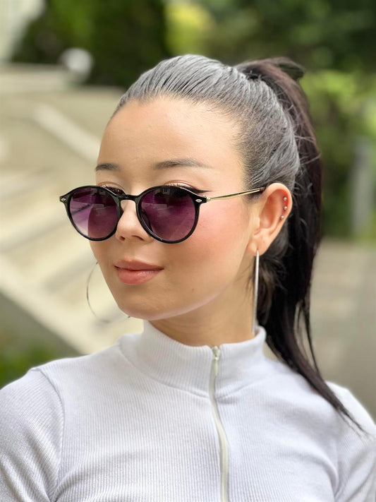 Y2K Tarz Yuvarlak Klasık Cam Bakır Uc Detaylı Siyah Renk UV Korumalı Güneş Gözlüğü