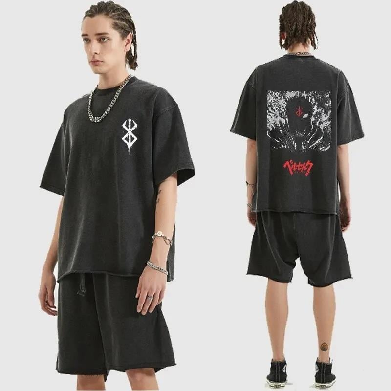 Yıkamalı Anime Berserk Baskılı Unisex Oversize Vintage T-shirt