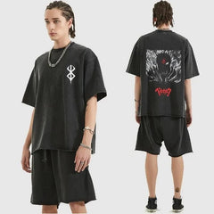 Yıkamalı Anime Berserk Baskılı Unisex Oversize Vintage T-shirt