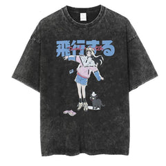 Yıkamalı Anime Girl & Cat Oversize Eskitme T-shirt