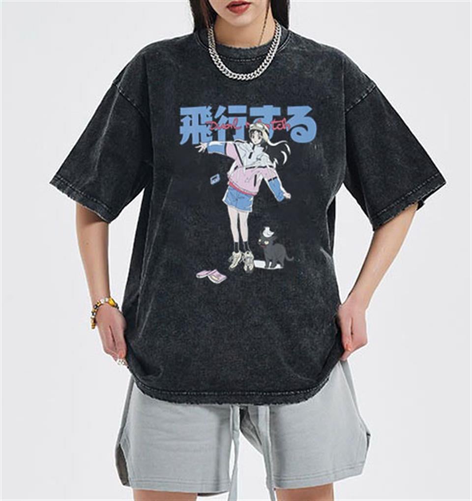 Yıkamalı Anime Girl & Cat Oversize Eskitme T-shirt