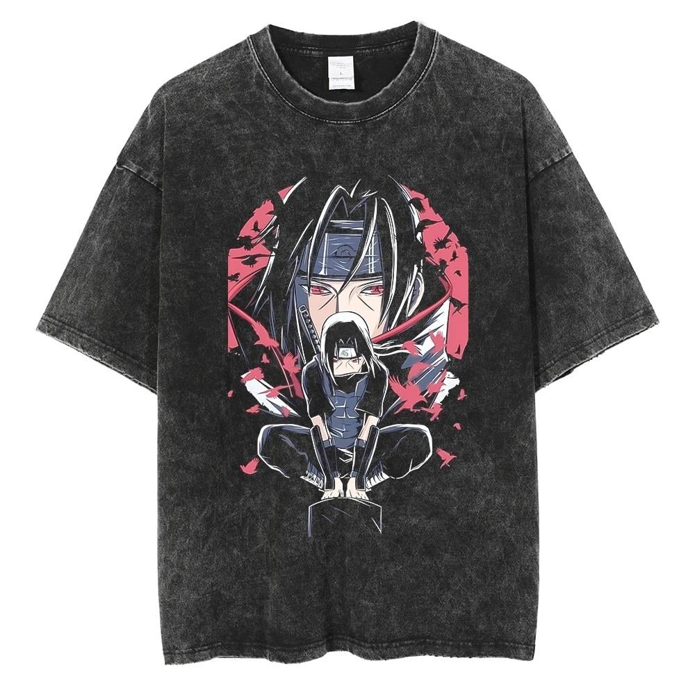 Yıkamalı Anime Naruto Itachi Baskılı Unisex Oversize Vintage T-shirt