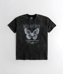 Yıkamalı Butterfly Baskılı Unisex Oversize Vintage T-shirt