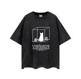 Yıkamalı Cat In Cube Baskılı Unisex Oversize Eskitme T-shirt