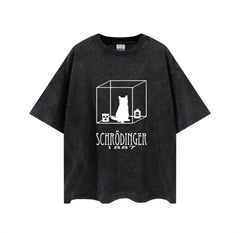 Yıkamalı Cat In Cube Baskılı Unisex Oversize Eskitme T-shirt