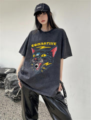 Yıkamalı Combative Cat Baskılı Unisex Oversize Eskitme T-shirt