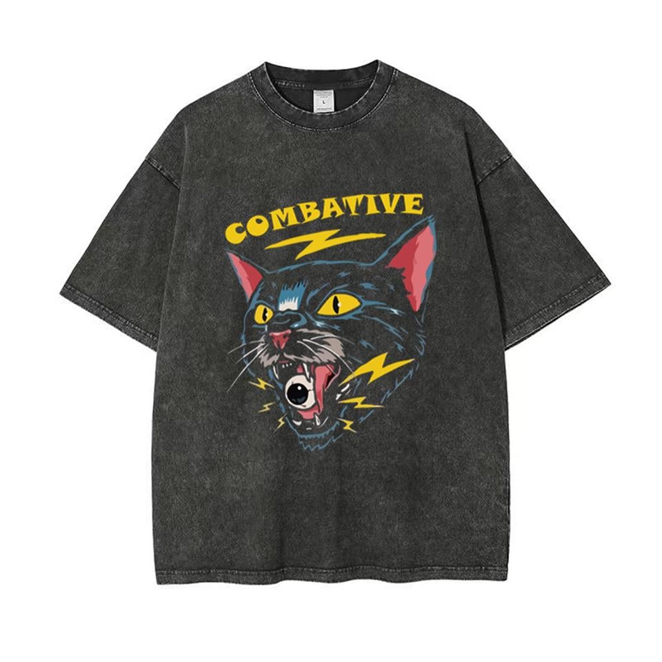 Yıkamalı Combative Cat Baskılı Unisex Oversize Eskitme T-shirt