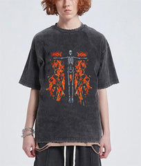 Yıkamalı Flaming Skeleton Baskılı Unisex Oversize Vintage Eskitme T-shirt