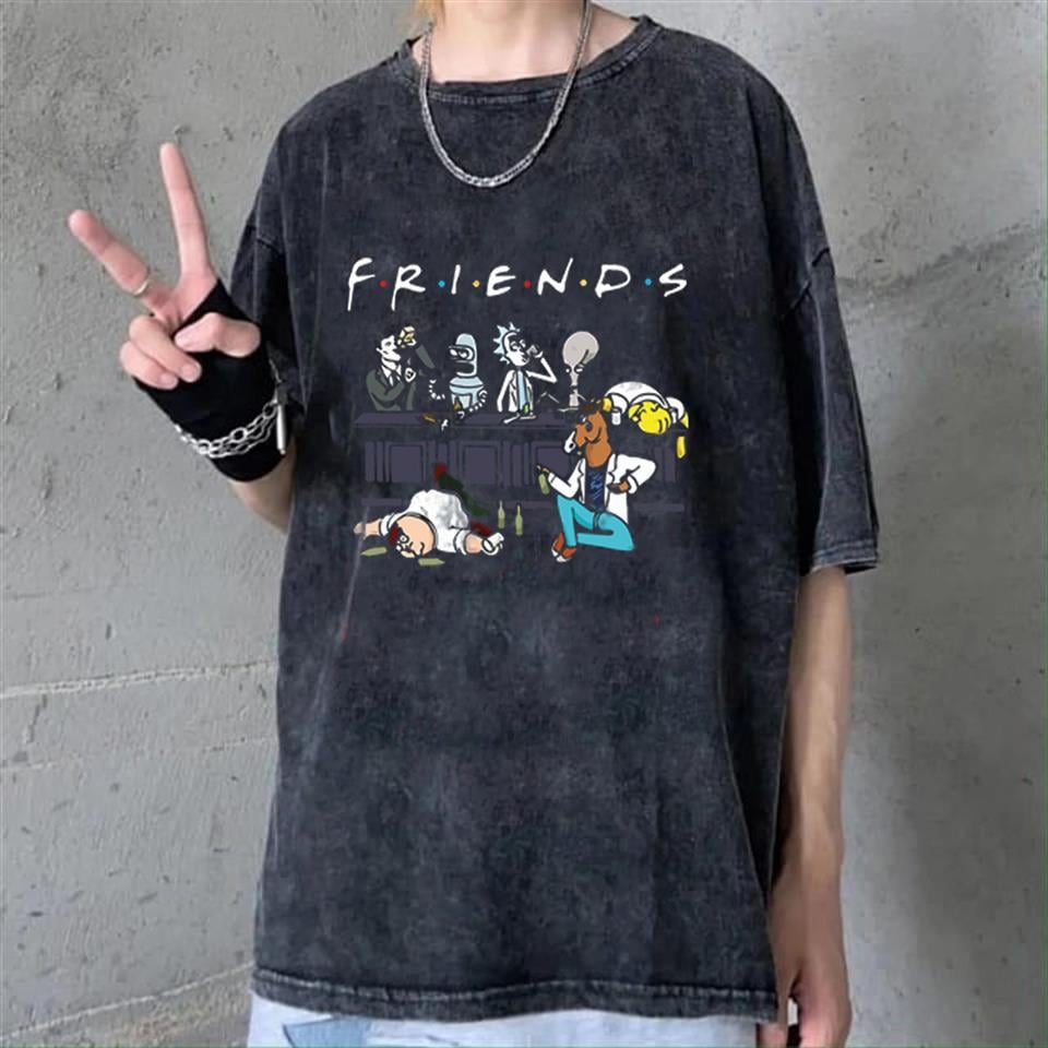 Yıkamalı Friends Baskılı Unisex Oversize Vintage Eskitme T-shirt