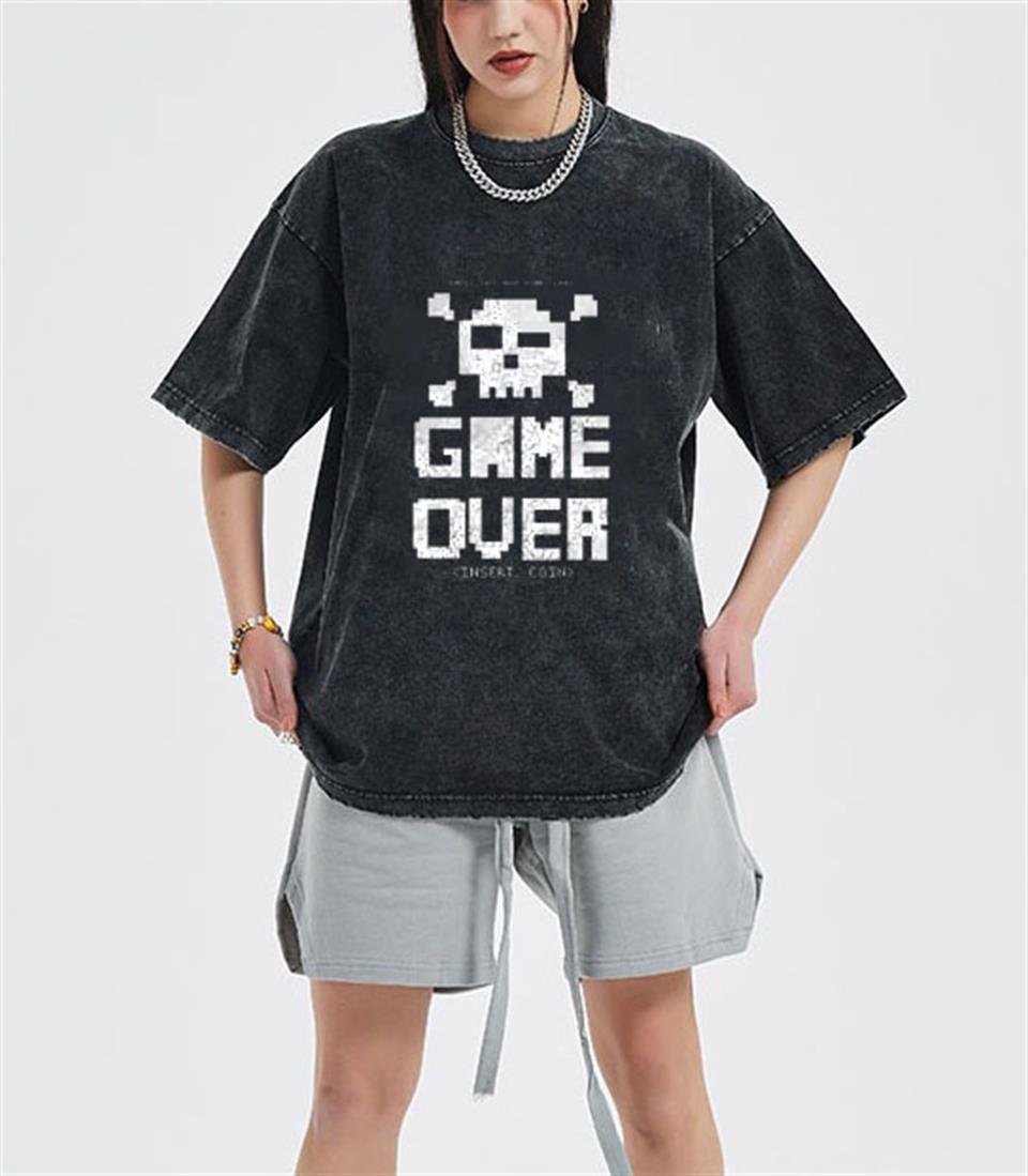 Yıkamalı Game Over Unisex Eskitme T-shirt