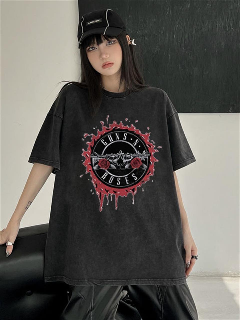 Yıkamalı Guns N' Roses Bloody Logo Baskılı Unisex Oversize Eskitme T-shirt