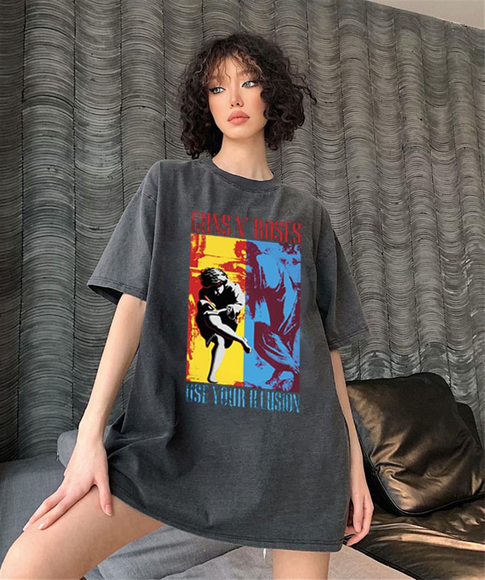 Yıkamalı Guns N' Roses Use Your Illusion Baskılı Unisex Oversize Eskitme T-shirt