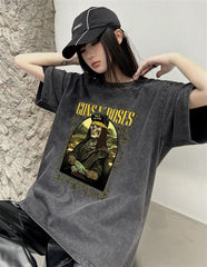 Yıkamalı Guns N' Roses Was Here Baskılı Unisex Oversize Eskitme T-shirt