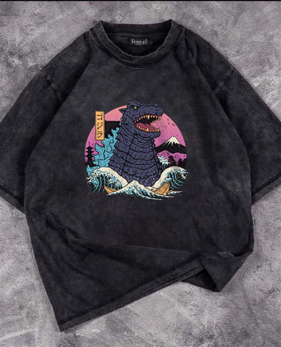 Yıkamalı Hokusai Godzilla Eskitme T-shirt