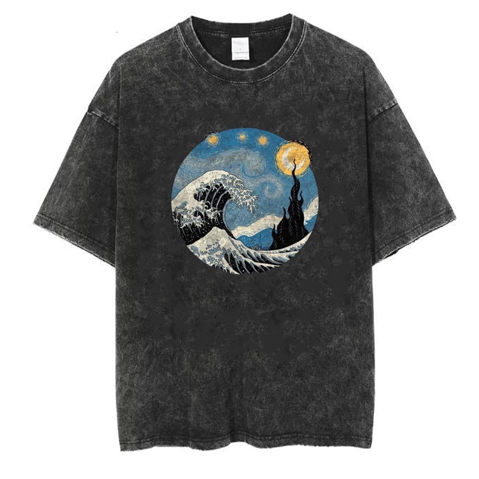 Yıkamalı Kanagawa Oki Nami Ura Unisex Eskitme T-shirt