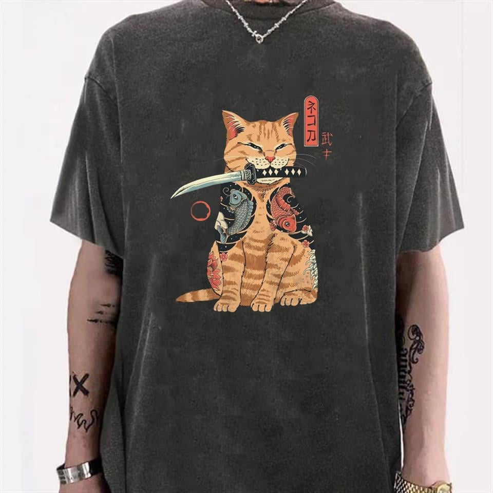 Yıkamalı Killer Cat Unisex Eskitme T-shirt