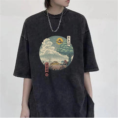 Yıkamalı Neighbor's Ukiyo-E Unisex Eskitme T-shirt