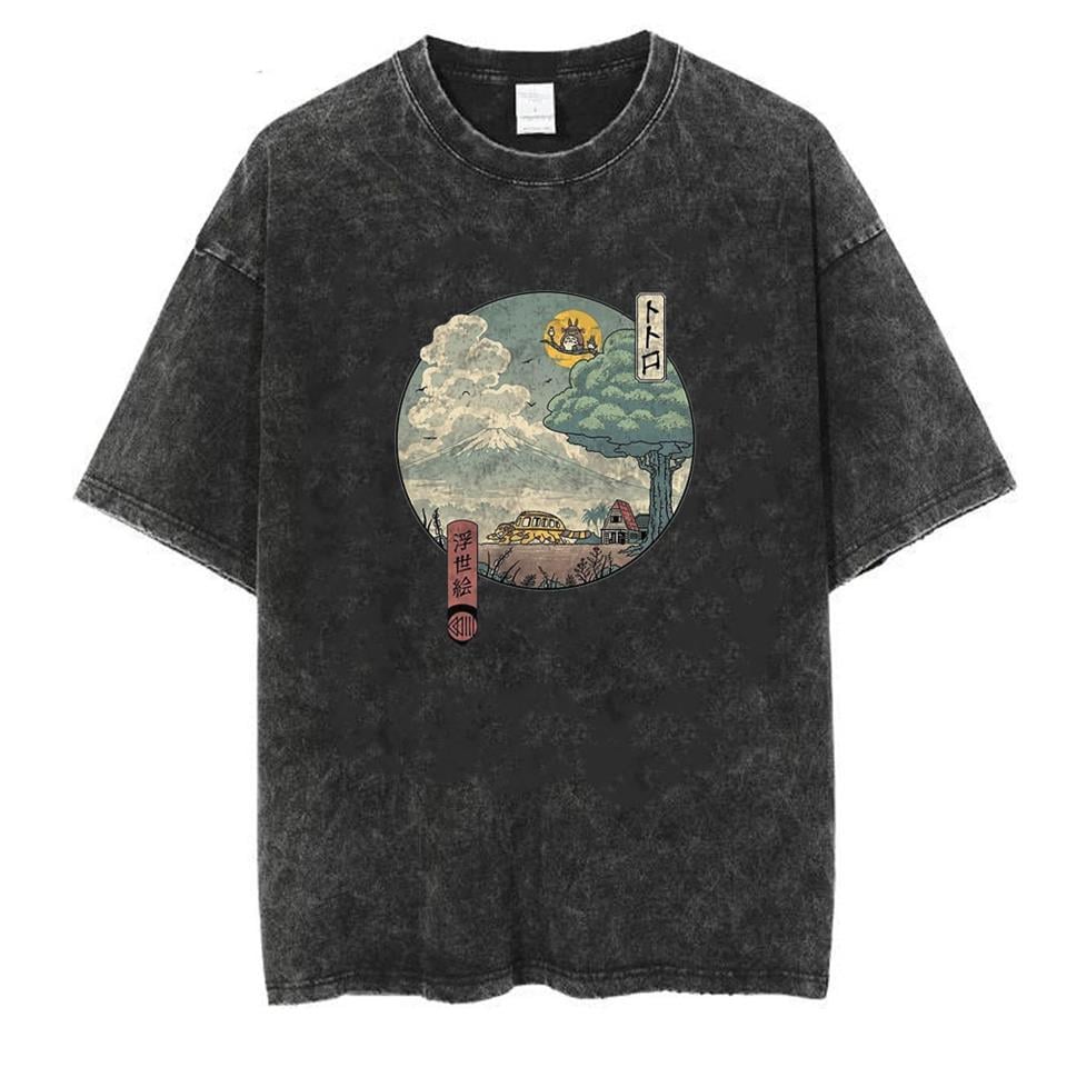 Yıkamalı Neighbor's Ukiyo-E Unisex Eskitme T-shirt