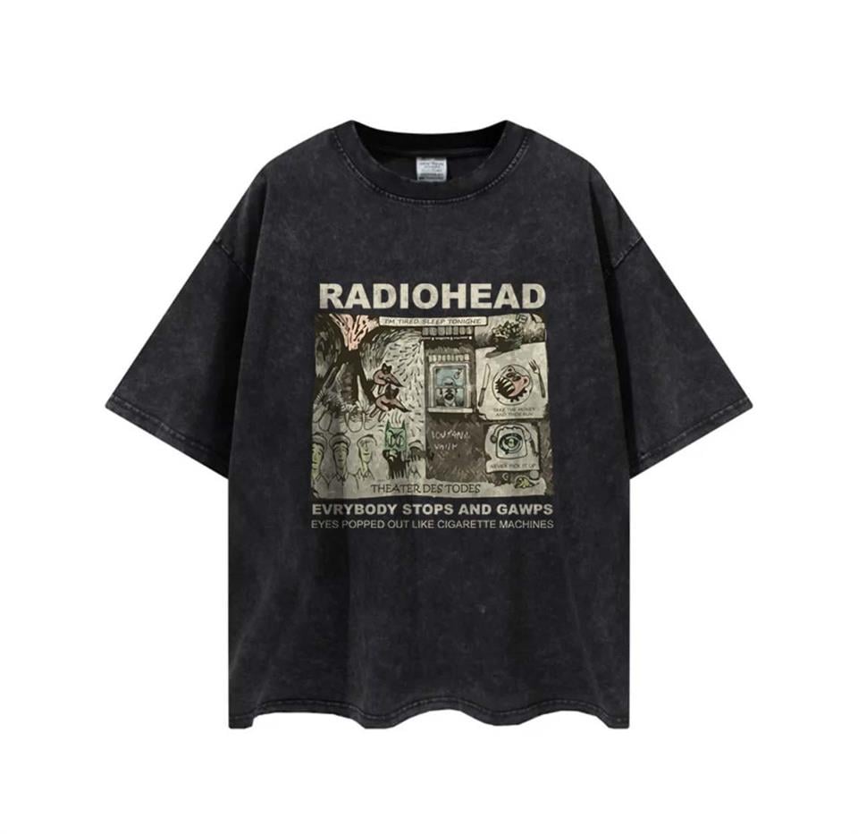 Yıkamalı Radiohead Poster Baskılı Unisex Oversize Vintage Eskitme T-shirt