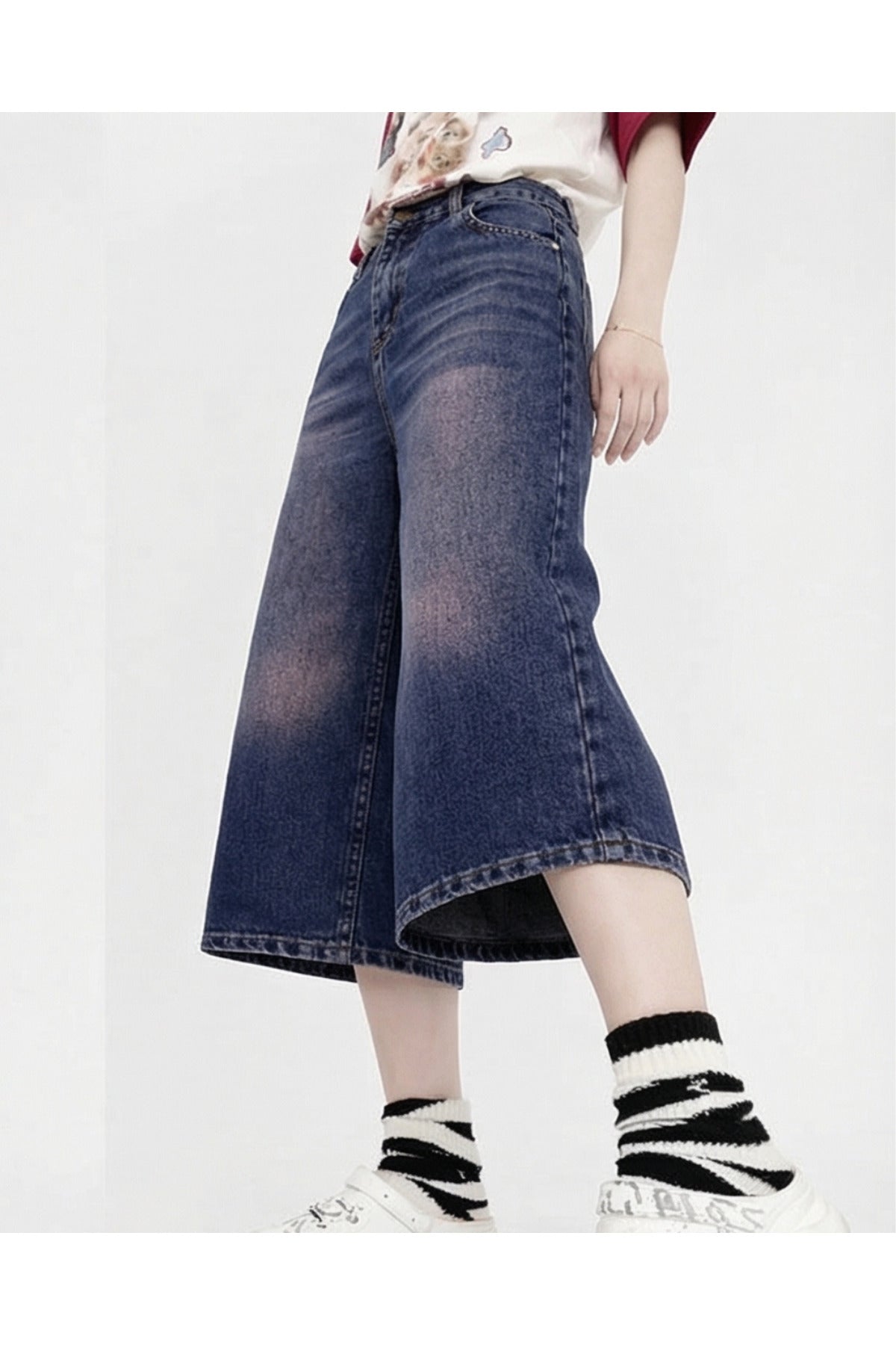 Yıkamalı Retro Kısa Paçalı Kot Pantolon
