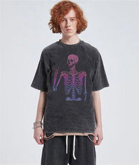 Yıkamalı Rock Skeleton Unisex Eskitme T-shirt