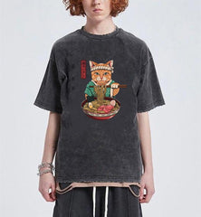 Yıkamalı Samurai Cat Spaghetti Eskitme T-shirt