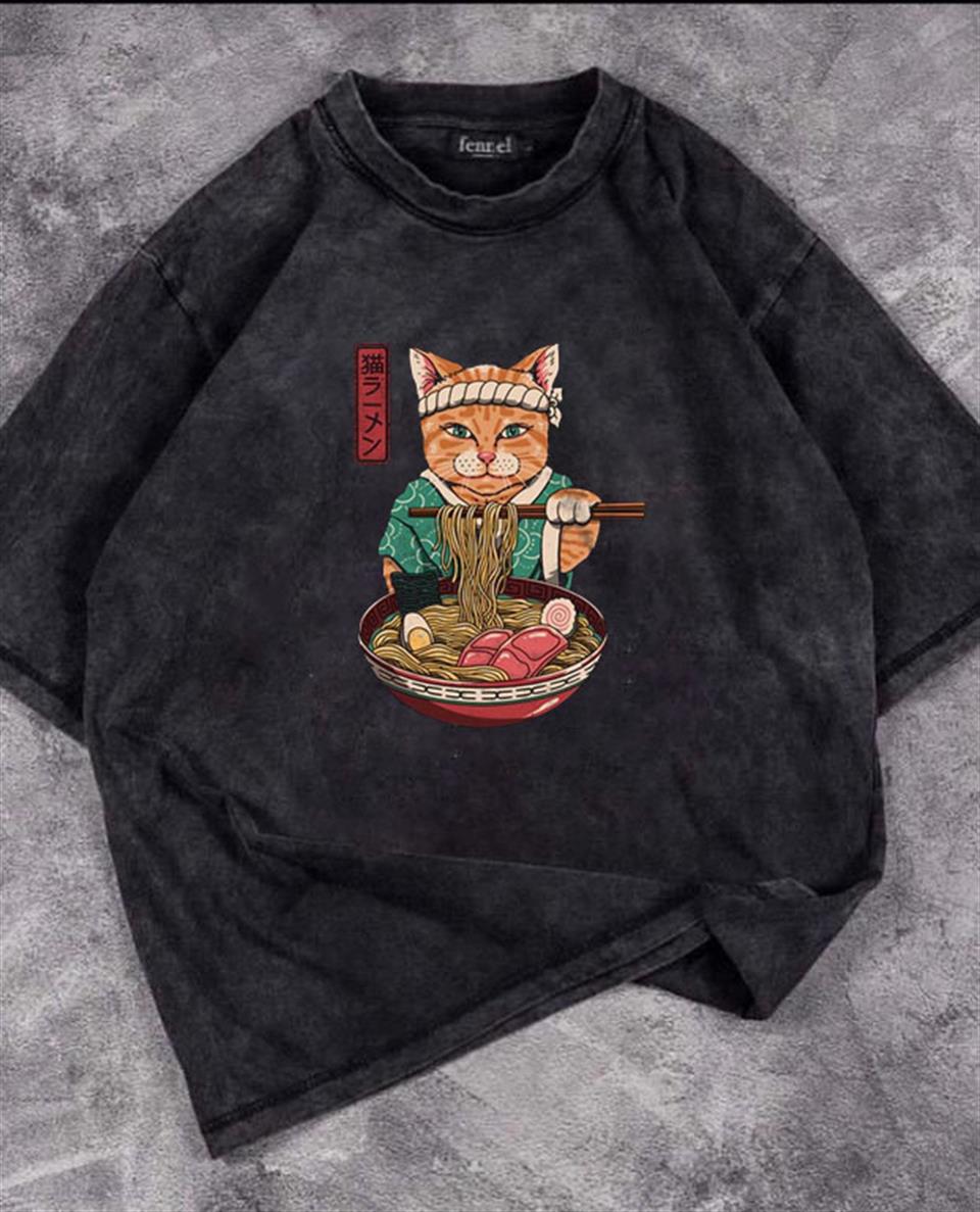 Yıkamalı Samurai Cat Spaghetti Eskitme T-shirt