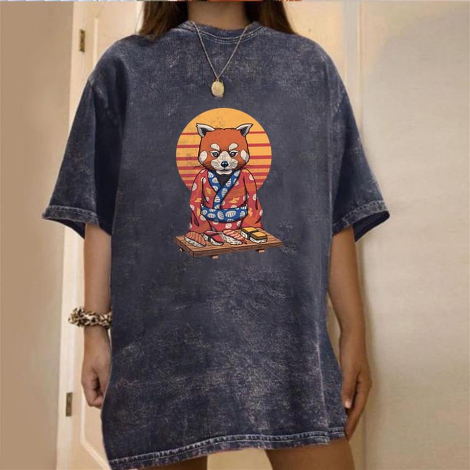 Yıkamalı Samurai Cat Sushi Eskitme T-shirt