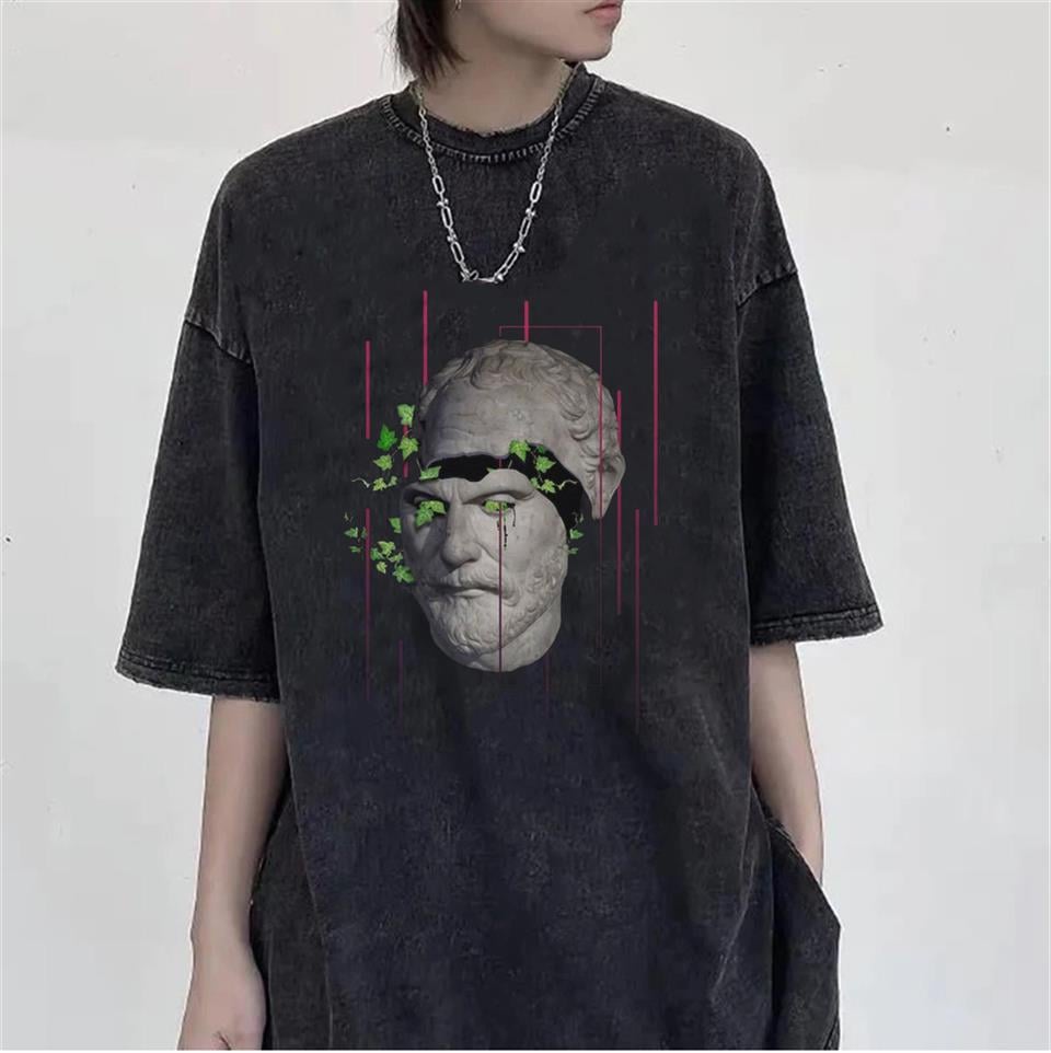 Yıkamalı Sculpture Art & Leafs Unisex Eskitme T-shirt