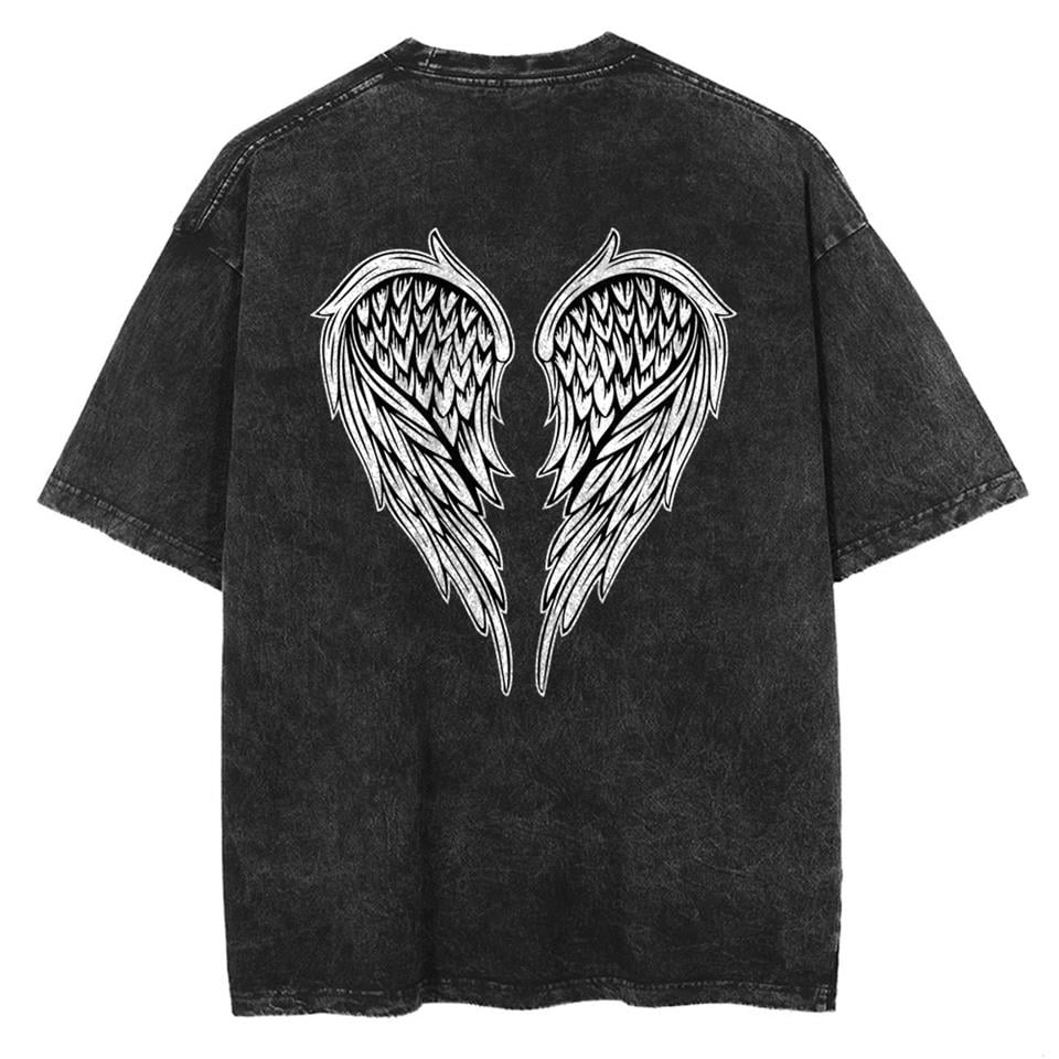 Yıkamalı Sırt Baskılı Wing Skeleton Unisex Eskitme T-shirt