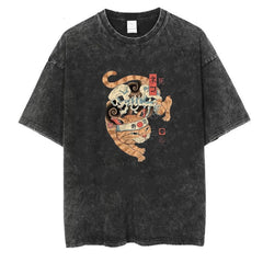 Yıkamalı Skeleton Cat Unisex Eskitme T-shirt