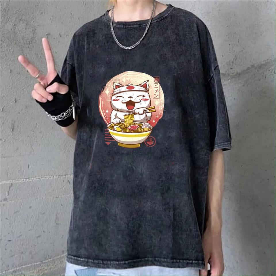 Yıkamalı Spaghetti Cat Oversize Eskitme T-shirt