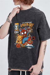 Yıkamalı Spider-Cat Baskılı Unisex Oversize Eskitme T-shirt