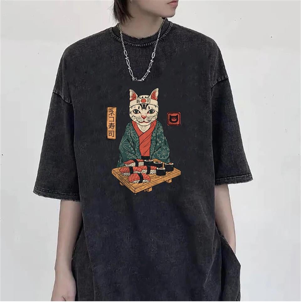 Yıkamalı Sushi Cat Oversize Eskitme T-shirt