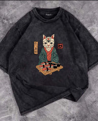 Yıkamalı Sushi Cat Oversize Eskitme T-shirt