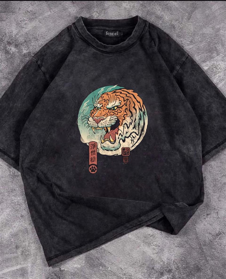 Yıkamalı Tiger Art Oversize Eskitme T-shirt