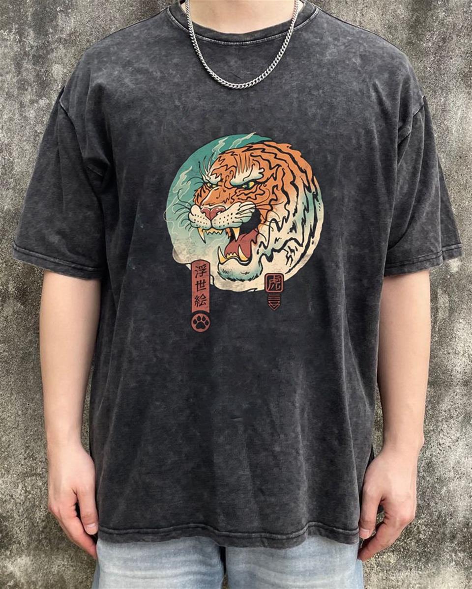 Yıkamalı Tiger Art Oversize Eskitme T-shirt