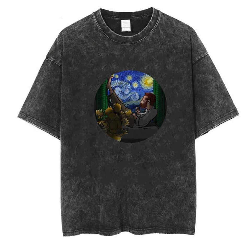 Yıkamalı Van Gogh Starry Night Eskitme T-shirt