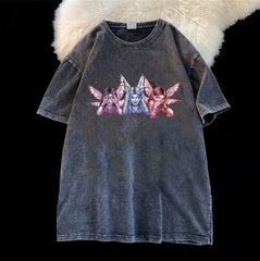 Yıkamalı Winged Girls Eskitme T-shirt