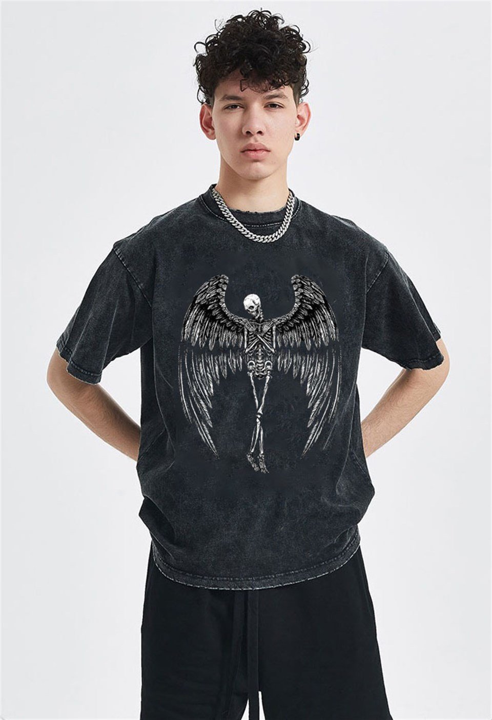 Yıkamalı Winged Skeleton Unisex Eskitme T-shirt