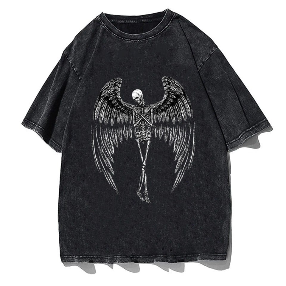 Yıkamalı Winged Skeleton Unisex Eskitme T-shirt