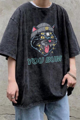 Yıkamalı You Bum Cat Baskılı Unisex Oversize Vintage Eskitme T-shirt