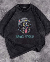 Yıkamalı You Bum Cat Baskılı Unisex Oversize Vintage Eskitme T-shirt