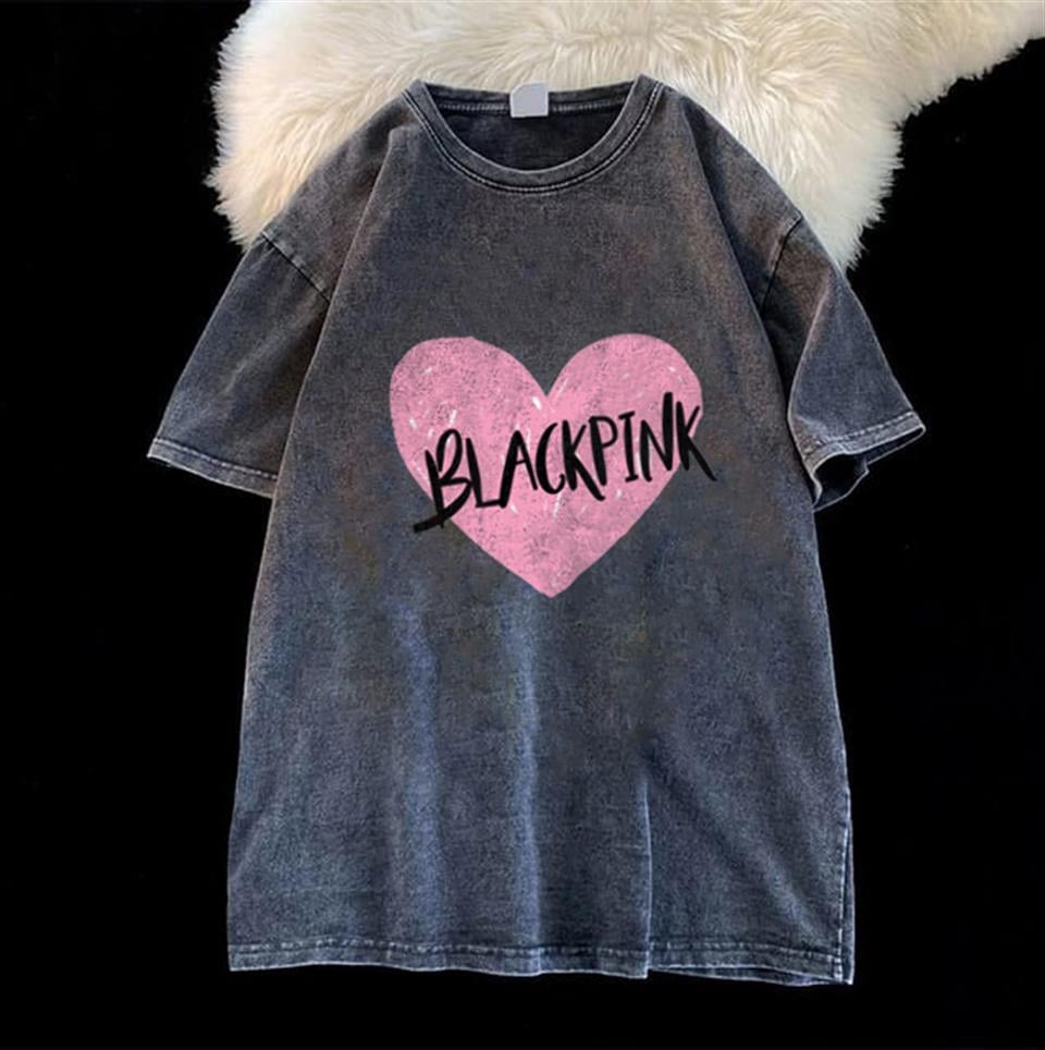 Yıkamalı Black Pink Heart Unisex Eskitme T-shirt