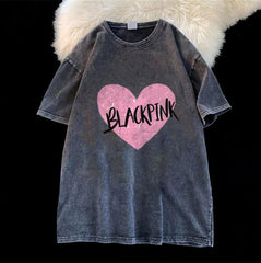 Yıkamalı Black Pink Heart Unisex Eskitme T-shirt