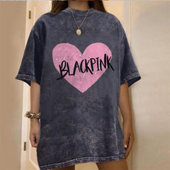 Yıkamalı Black Pink Heart Unisex Eskitme T-shirt