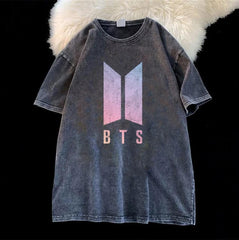 Yıkamalı BTS Logo Unisex Eskitme T-shirt